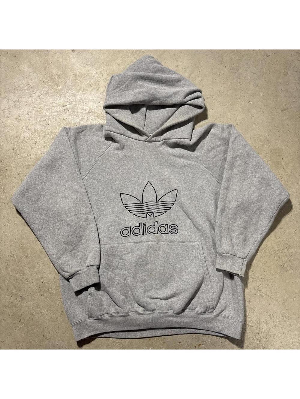 Vintage 90s Adidas Trefoil Hoodie Mens M Gray Made USA Spellout Sweatshirt